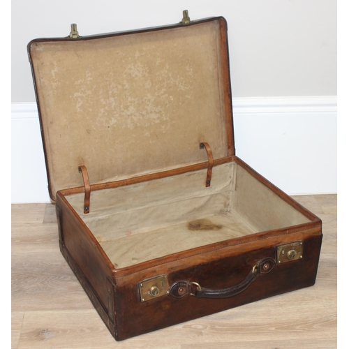 328 - Vintage hand-made and hand-riveted tan leather suitcase, approx 61 x 45 x 21cm