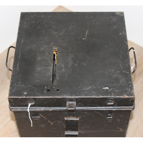 331 - A large vintage black painted tin or toleware ballot box with sliding opening, approx 33cm square x ... 