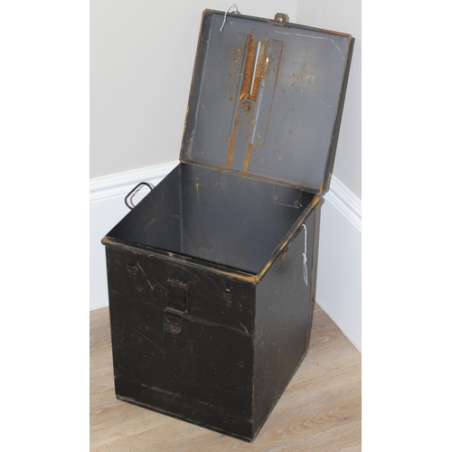 331 - A large vintage black painted tin or toleware ballot box with sliding opening, approx 33cm square x ... 