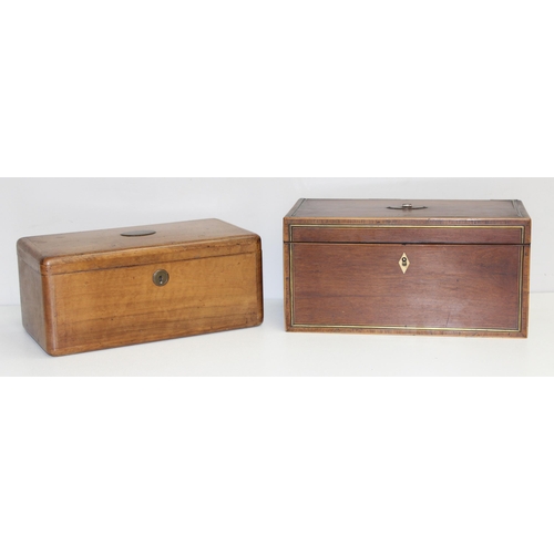 332 - 2 antique wooden boxes, one a tea caddy, early 19th century with stringing and the other a late 19th... 