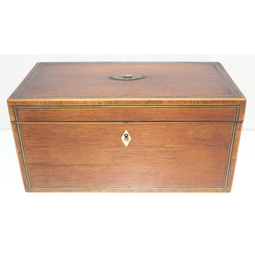 332 - 2 antique wooden boxes, one a tea caddy, early 19th century with stringing and the other a late 19th... 