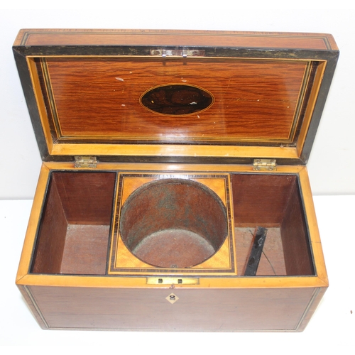 332 - 2 antique wooden boxes, one a tea caddy, early 19th century with stringing and the other a late 19th... 