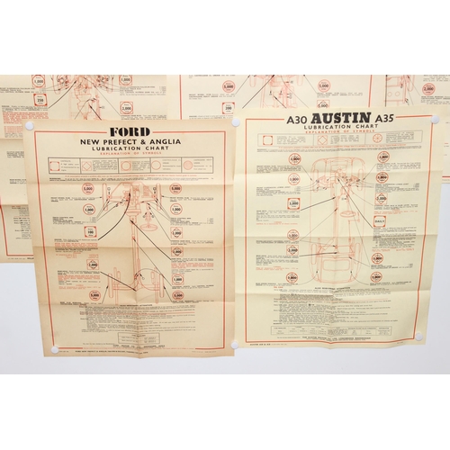 732 - 8 vintage Castrol Lubrication charts, Jaguar, Morris Oxford Series, Ford, Austin etc