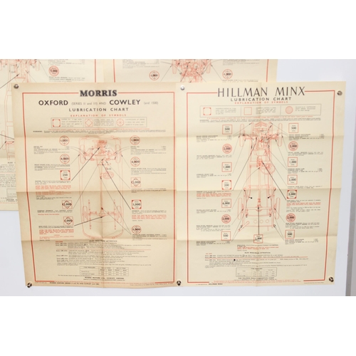 732 - 8 vintage Castrol Lubrication charts, Jaguar, Morris Oxford Series, Ford, Austin etc