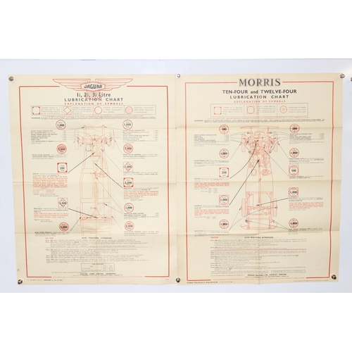 732 - 8 vintage Castrol Lubrication charts, Jaguar, Morris Oxford Series, Ford, Austin etc