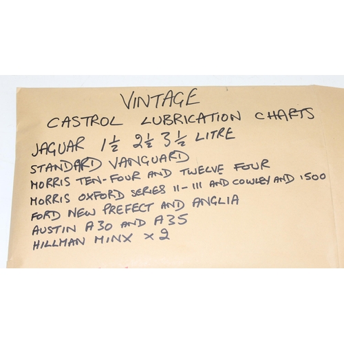 732 - 8 vintage Castrol Lubrication charts, Jaguar, Morris Oxford Series, Ford, Austin etc