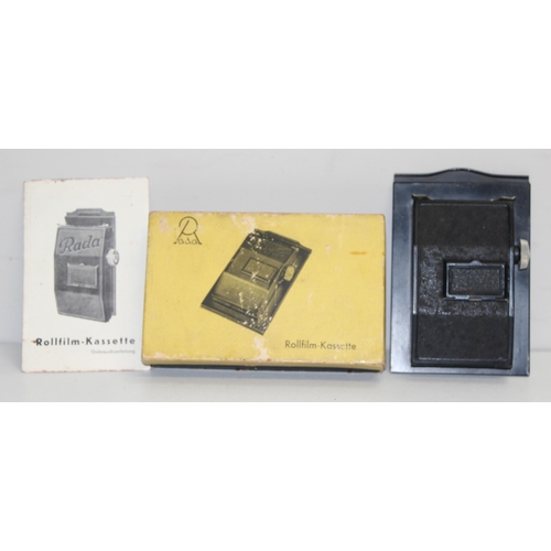 745 - Qty of boxed and other camera accessories to inc Yashica YT CL adapter, Rolleikin II, Rada Rollfilm-... 