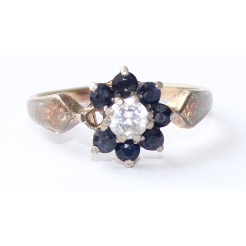 1109 - A retro silver sapphire and white stone floral cluster ring, marked for Birmingham 1959, approx size... 