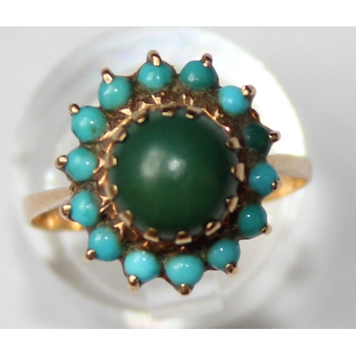 1123 - A 9ct gold turquoise and cabochon green stone set ring, indistinctly marked but XRF confirmed, appro... 