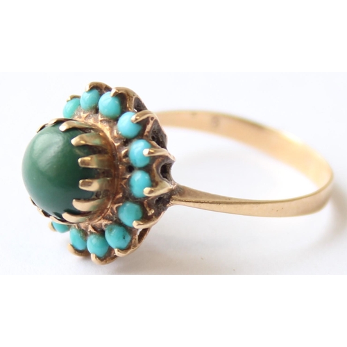 1123 - A 9ct gold turquoise and cabochon green stone set ring, indistinctly marked but XRF confirmed, appro... 