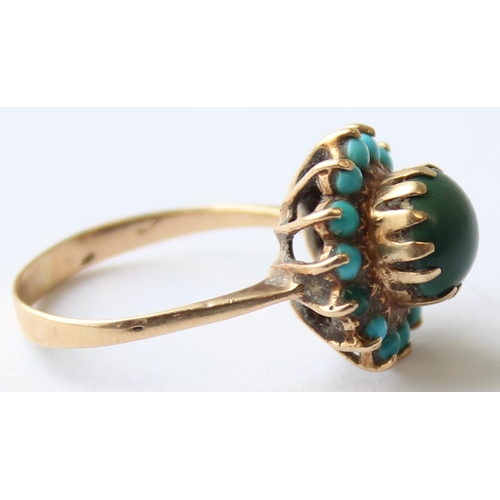 1123 - A 9ct gold turquoise and cabochon green stone set ring, indistinctly marked but XRF confirmed, appro... 