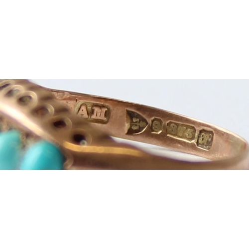 1124 - An antique 9ct gold and turquoise set ring, marked for Chester, date letter indistinct but c.1900-19... 