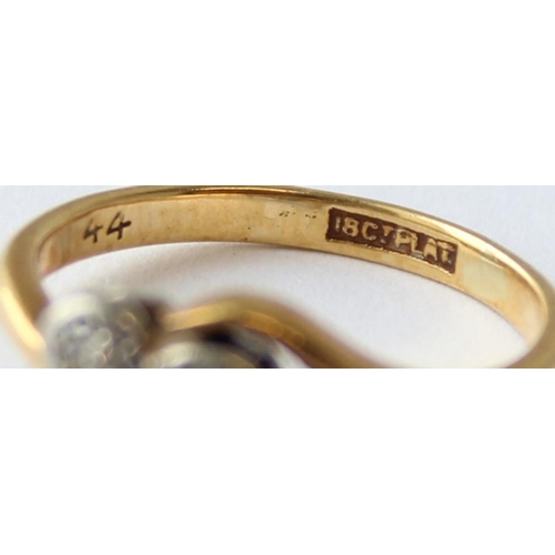 1126 - An 18ct gold diamond trilogy ring with crossover setting, marked 18ct & Plat and XRF confirmed, appr... 