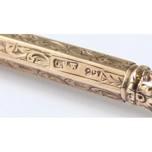 1130 - A 19th century 9ct gold combination dip fountain pen and pencil, marked 9ct and XRF confirmed, appro... 