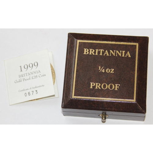 1210 - Gold Coins - 1999 Gold Proof 1/4 (quarter) ounce Britannia coin, Limited Edition of 1000, 8.513g tot... 