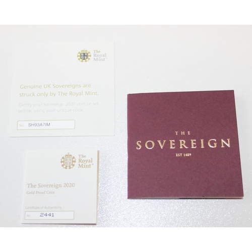 1215 - Gold Coins - 2020 Queen Elizabeth II gold proof full sovereign coin, with original box and paperwork