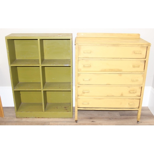 112 - 2 retro items of furniture to incl a 5-drawer yellow painted chest of drawers and a green painted me... 