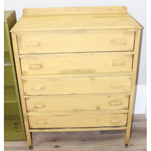 112 - 2 retro items of furniture to incl a 5-drawer yellow painted chest of drawers and a green painted me... 