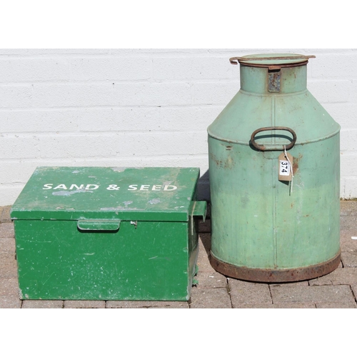 374 - Green painted metallic 'Sand & Seed' box and a green metal churn, Churn approx 33cm W x 54cm H