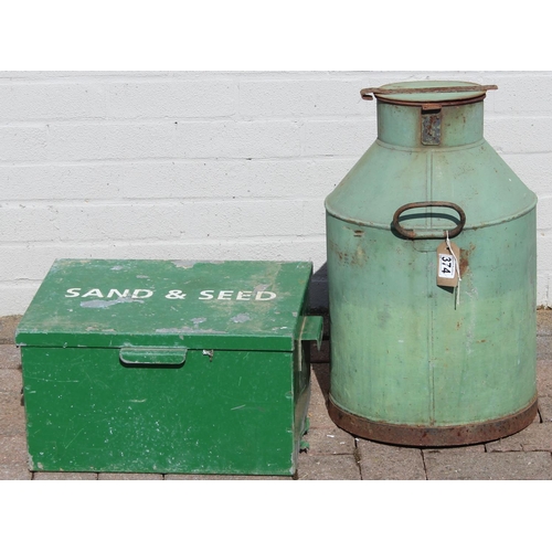 374 - Green painted metallic 'Sand & Seed' box and a green metal churn, Churn approx 33cm W x 54cm H