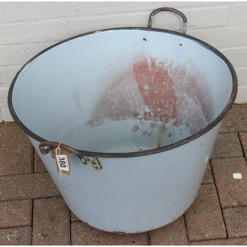 380 - Vintage enamel round bottomed pot with dual handle approx 64cm W x 44cm H