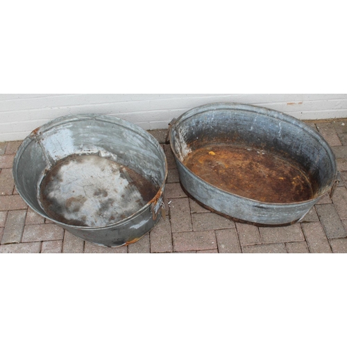 381 - 2 vintage galvanised bathtubs, ideal for garden planters, largest approx. 79cm W x 65cm D x 25cm H