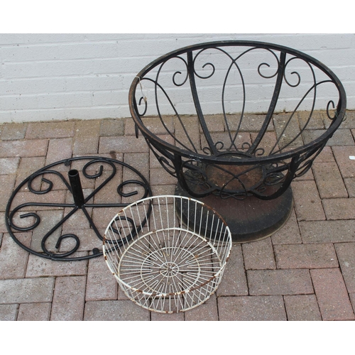 383 - Black painted metal pot holder and a black painted parasol base, pot holder approx 66cm W x 45cm H