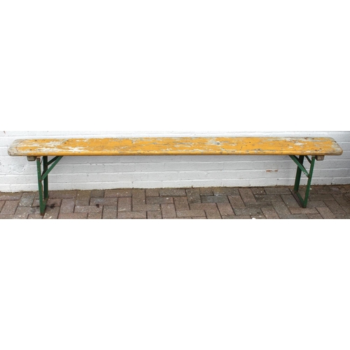 386 - Vintage German 'Beerhaus' style wooden and metal folding bench approx 216cm W x 22cm D x 48cm H