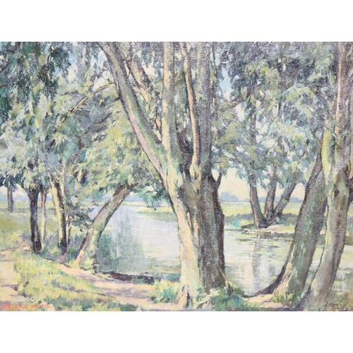 460B - Florence Whittle (1892 - 1976): Original oil on canvas of a river scene amongst the trees, in impres... 