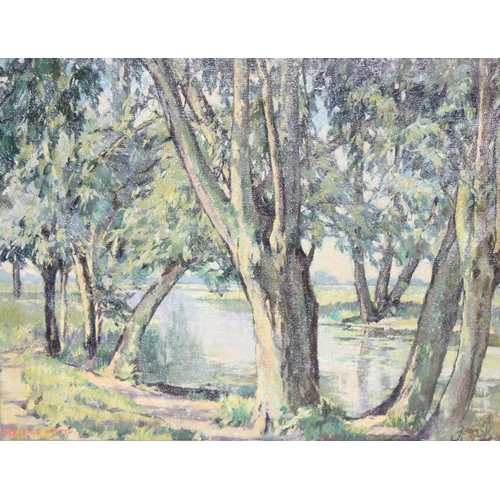 460B - Florence Whittle (1892 - 1976): Original oil on canvas of a river scene amongst the trees, in impres... 