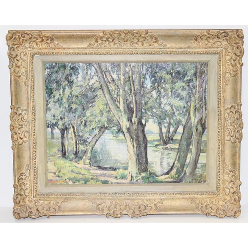 460B - Florence Whittle (1892 - 1976): Original oil on canvas of a river scene amongst the trees, in impres... 