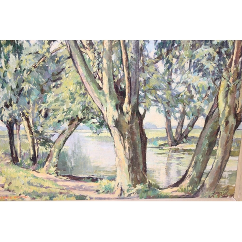 460B - Florence Whittle (1892 - 1976): Original oil on canvas of a river scene amongst the trees, in impres... 