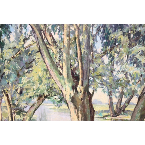 460B - Florence Whittle (1892 - 1976): Original oil on canvas of a river scene amongst the trees, in impres... 