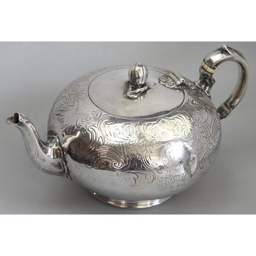 1001 - An early Victorian silver teapot of bulbous form with engraved decoration, armorial and gourd finial... 