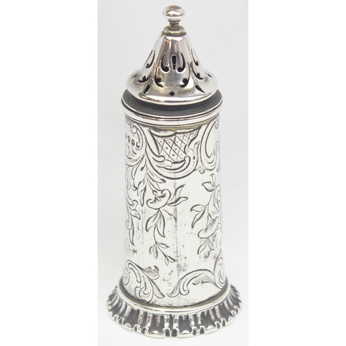 1022 - A Victorian silver pepper pot with engraved decoration, marked for London 1846, makers marks obscure... 