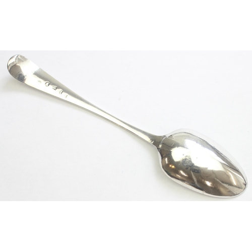 1082 - A Georgian silver serving spoon with bright cut decoration, marks slightly rubbed but believed to be... 