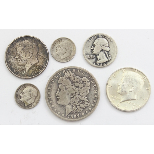 1201 - Qty of assorted US silver coins to inc an 1897 New Orleans Morgan Dollar, 2 1964 Kennedy half dollar... 