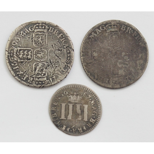 1207A - 3 17th century silver coins, a James II silver Maundy 4d coin, date either 1686 or 1687, and 2 Willi... 