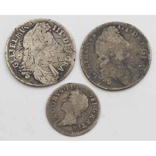 1207A - 3 17th century silver coins, a James II silver Maundy 4d coin, date either 1686 or 1687, and 2 Willi... 