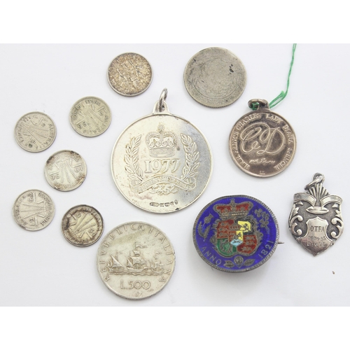 1207B - Qty of assorted mixed word and British coins and some silver pendants etc, to inc an 1821 enamelled ... 