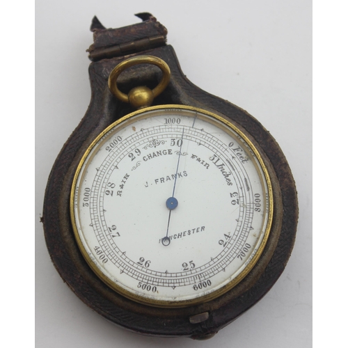 1304 - An antique gilt metal cased pocket barometer by J. Franks of Manchester, with leather case, approx 4... 