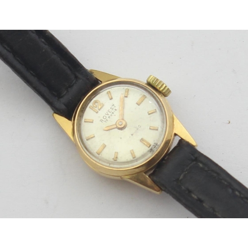 1313 - A vintage 18ct gold cased ladies' wristwatch by Rovest, with leather strap, Swiss hallmarks and XRF ... 