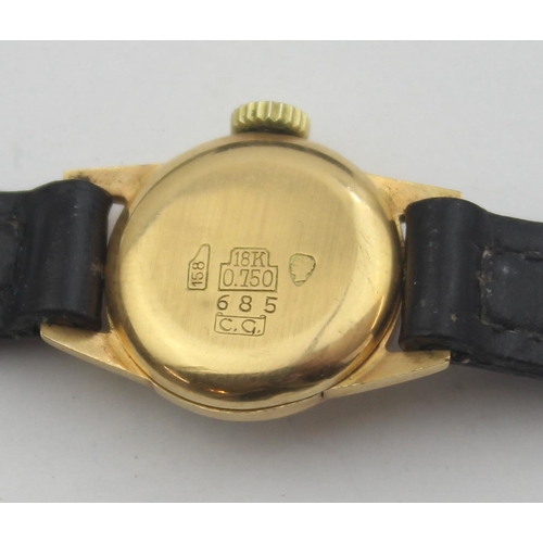 1313 - A vintage 18ct gold cased ladies' wristwatch by Rovest, with leather strap, Swiss hallmarks and XRF ... 