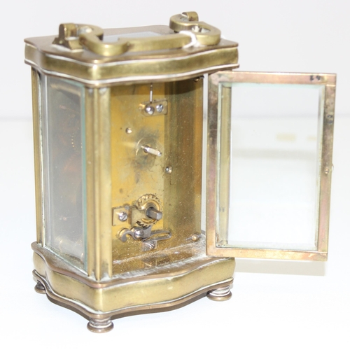 1308 - Vintage French brass cased carriage clock with mechanical movement, approx 12cm tall