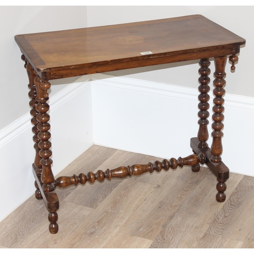 180 - Antique mahogany hall table with inlaid butterfly details and bobbin turned legs and support beam, a... 