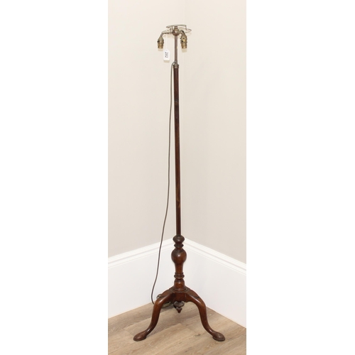 282 - An antique standard lamp with mahogany tripod base and triple bulb fitting, approx 160cm tall