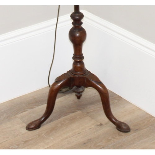 282 - An antique standard lamp with mahogany tripod base and triple bulb fitting, approx 160cm tall