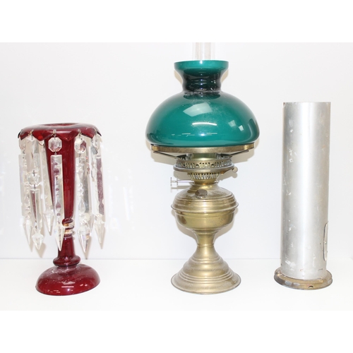 288 - Qty of assorted vintage oil lamps, shades and parts to inc a 19th century ruby glass lustre