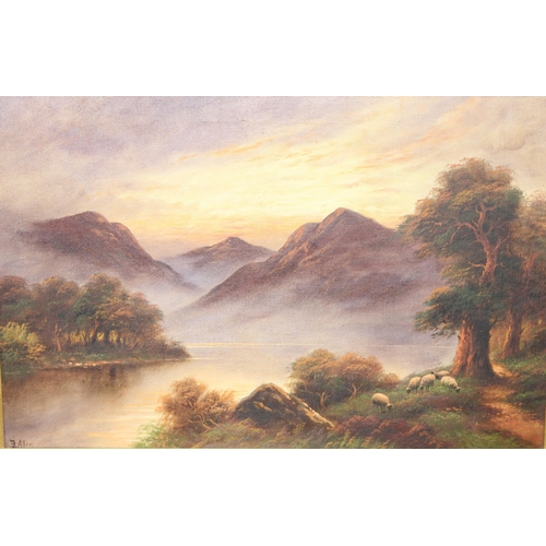 460J - F. Allen (XIX) 19th century oil on canvas of a mountainous landscape and loch scene with sheep, sign... 