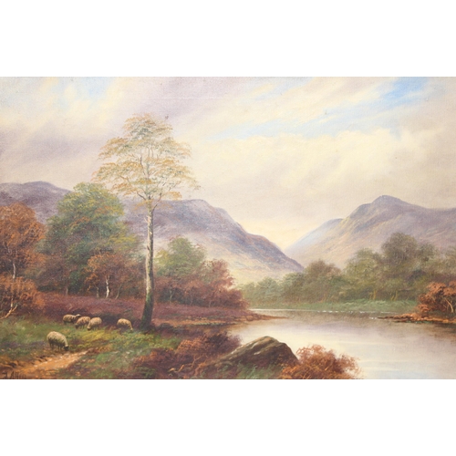 460K - F. Allen (XIX) 19th century oil on canvas of a mountainous landscape and loch scene with sheep, sign... 